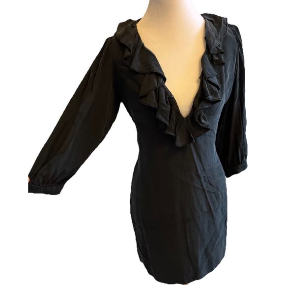 VTG 90s Black Silk Dress Ruffle Collar Whimsygoth Steampunk Vamp Dark Fairy S - Picture 2 of 16